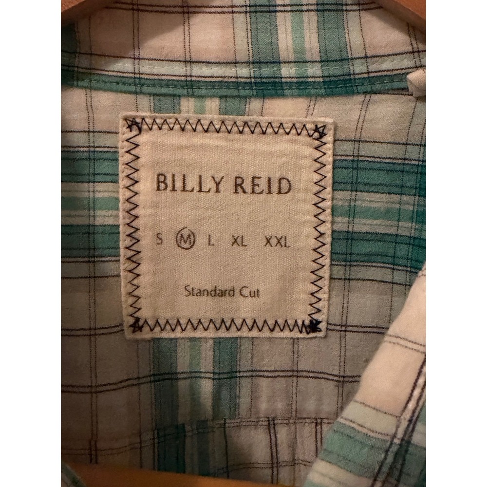 Billy Reid Mens Teal White Plaid Short Sleeve Button Down Shirt Standard Cut M - Picture 2 of 6